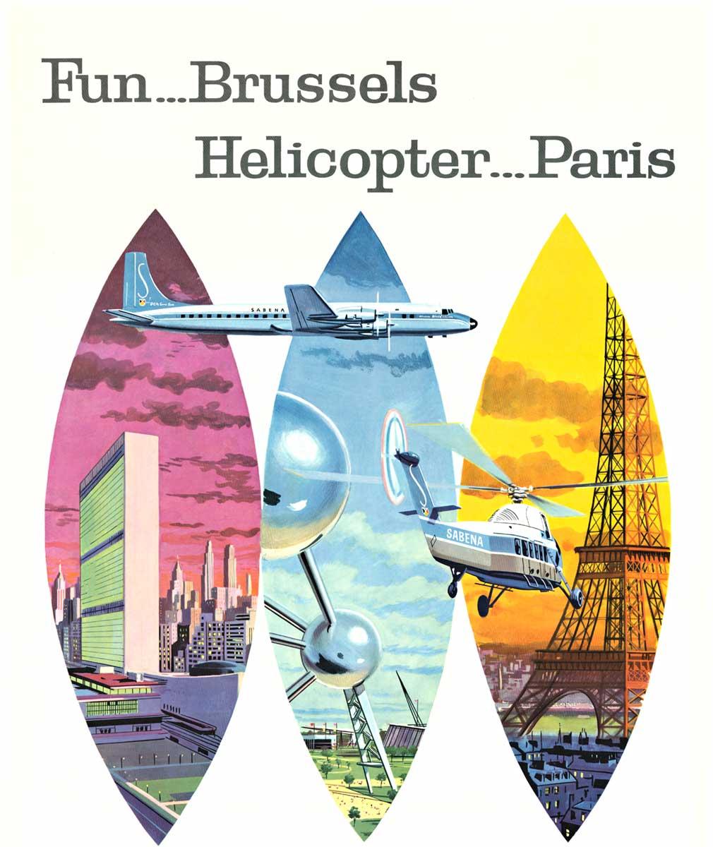 Original SABENA Fun Brussels Helicopter to Paris vintage travel poster - Print by Unknown