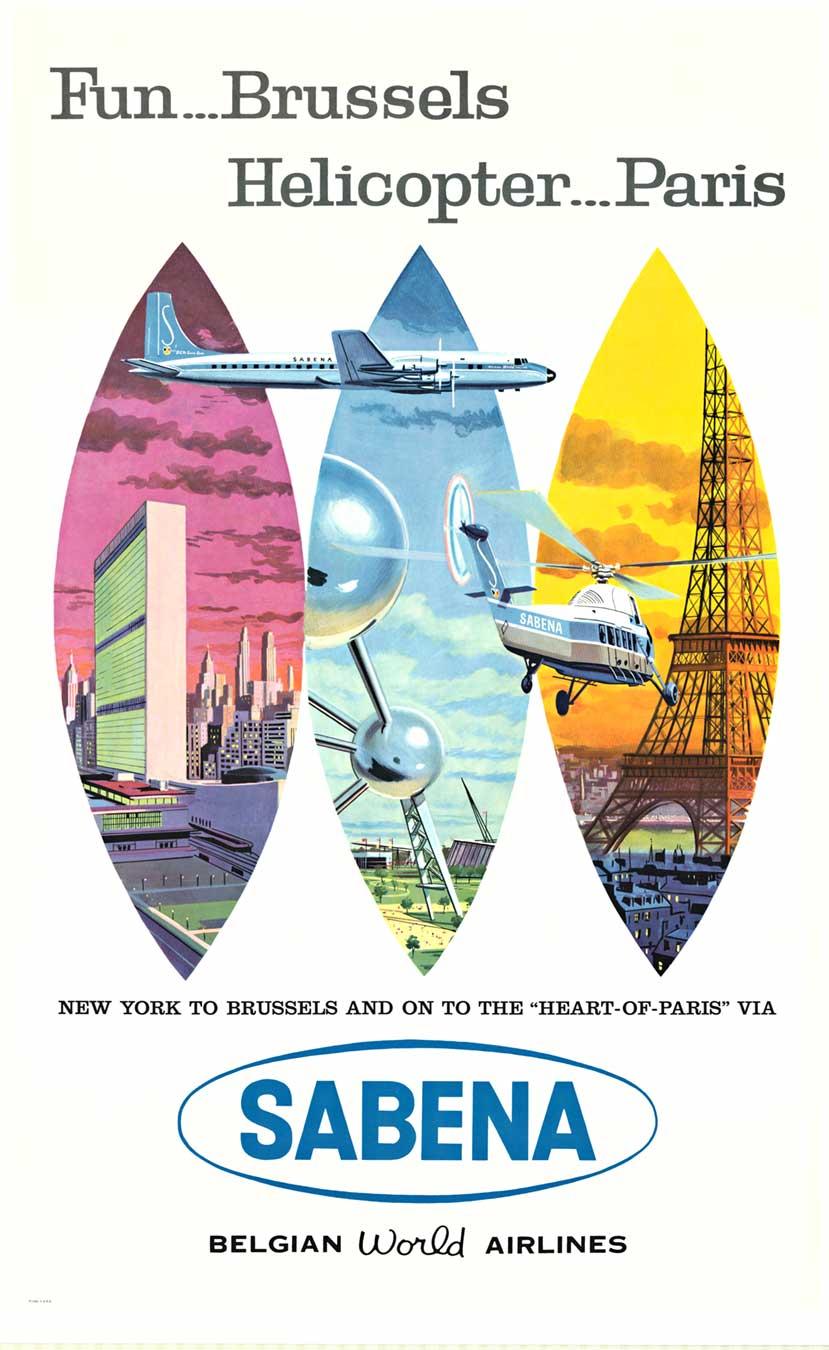 Unknown Print - Original SABENA Fun Brussels Helicopter to Paris vintage travel poster