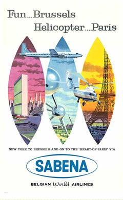 Affiche de voyage vintage originale SABENA Fun Brussels Helicopter to Paris