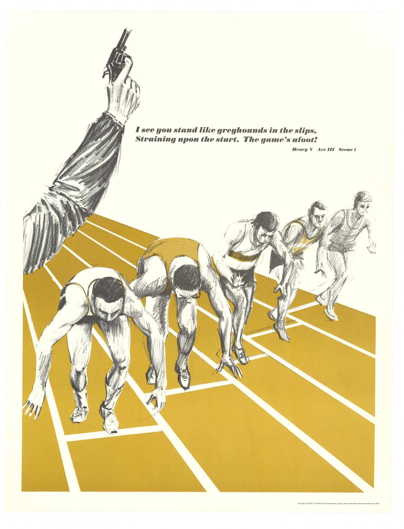 Unknown Figurative Print - Original Shakespear's Henry V Quote  Track and Field runners vintage poster