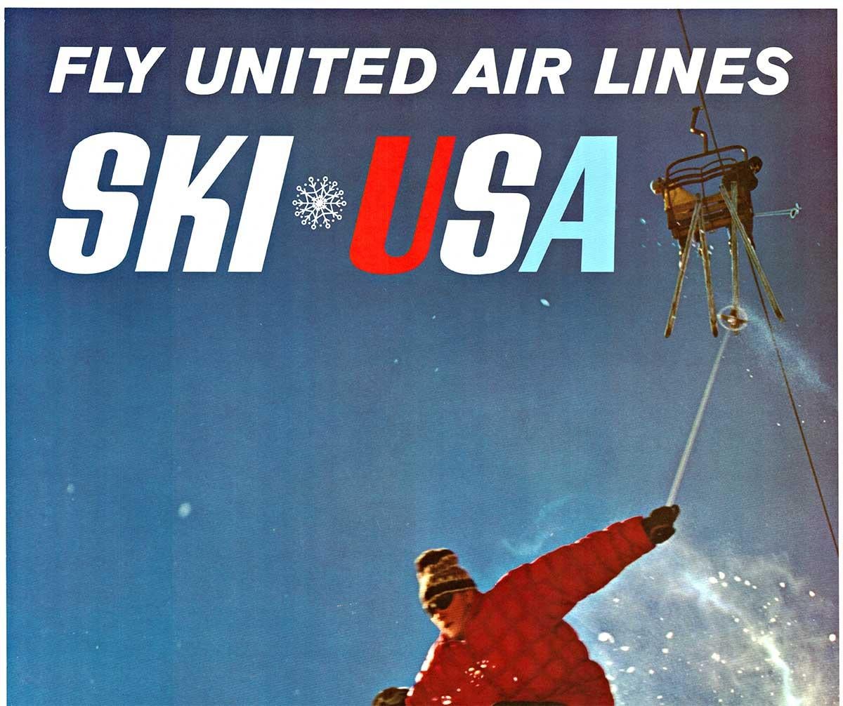 Affiche originale de voyage sportif SKI USA Fly United Air Lines - Print de Unknown