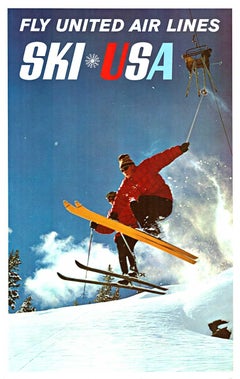 Affiche originale de voyage sportif SKI USA Fly United Air Lines