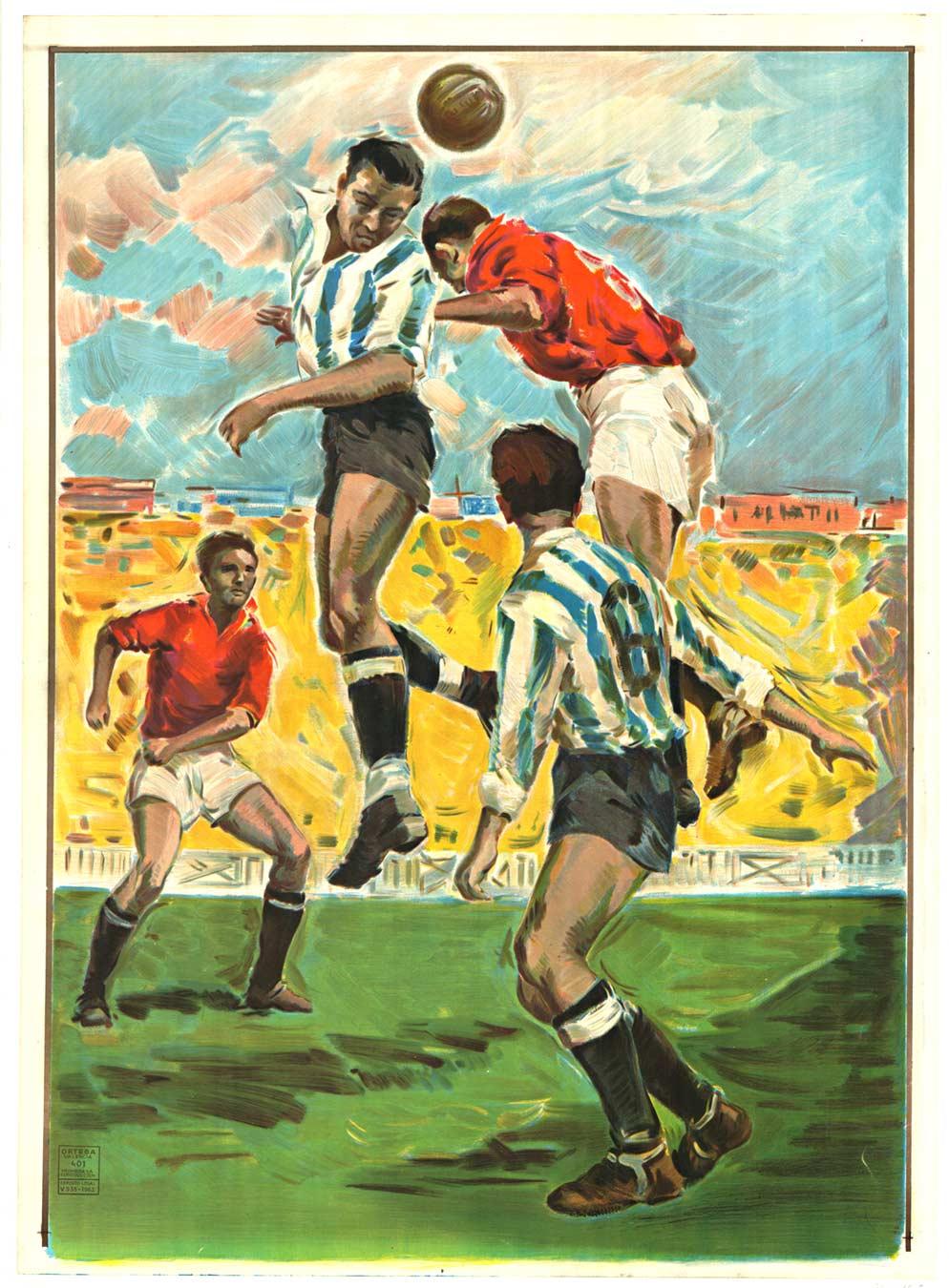 Unknown Figurative Print – Original Vintage-Lithographieplakat „Soccer“ a.k.a. „Heads Up“, Spanien