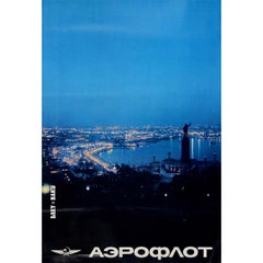 Cartel de viaje soviético original de Aeroflot URSS - Azerbaiyán - Bakú