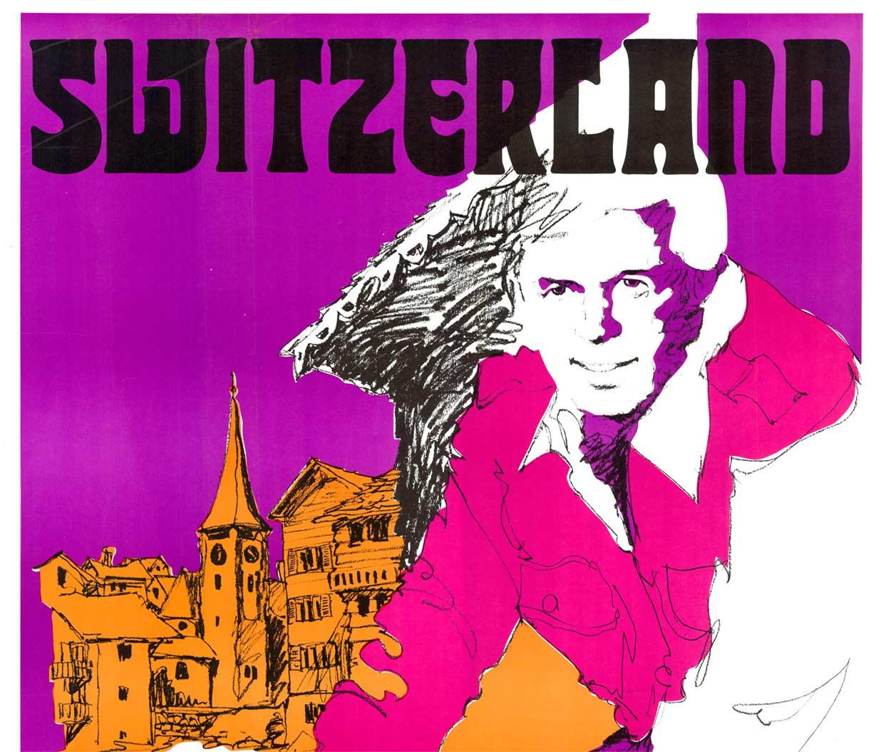 Original Switzerland Bicycle travel poster - neon pop art, linen backed, unique - Print by Unknown