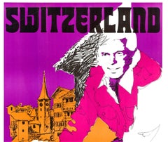 Original Switzerland Bicycle travel poster - neon pop art, linen backed, unique