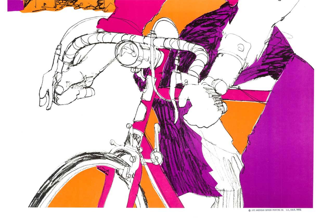 Original Switzerland Bicycle travel poster - neon pop art, linen backed, unique - American Modern Print by Unknown