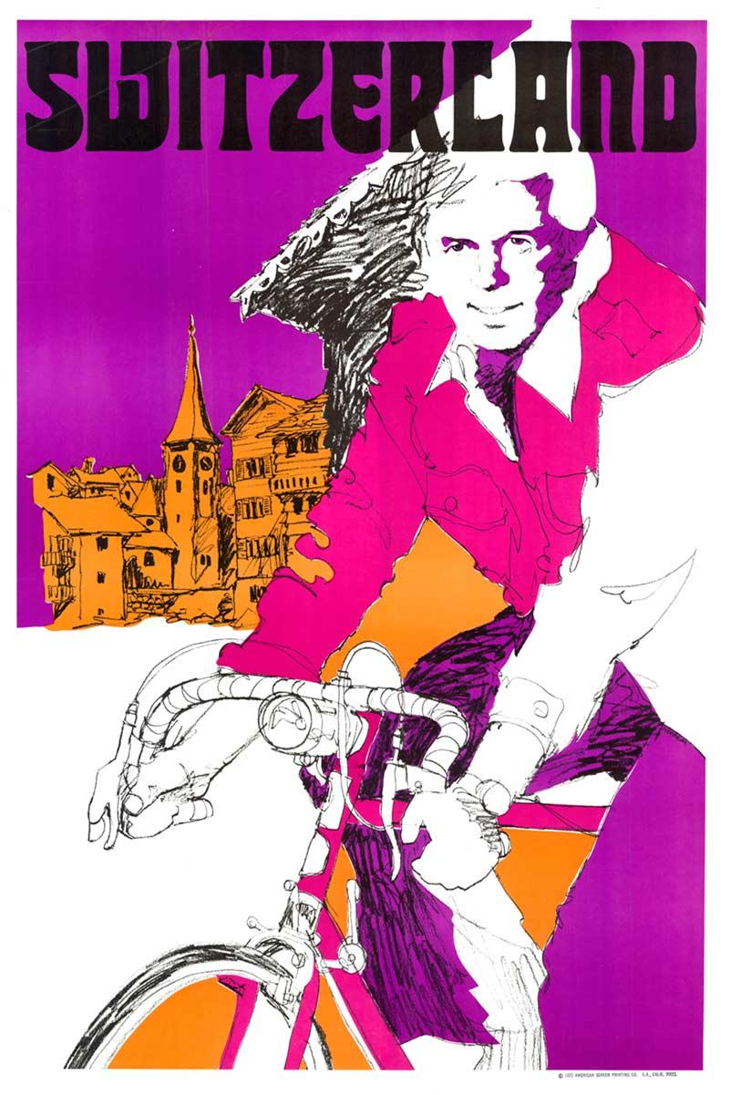 Original Switzerland Bicycle travel poster - neon pop art, linen backed, unique - Purple Portrait Print by Unknown