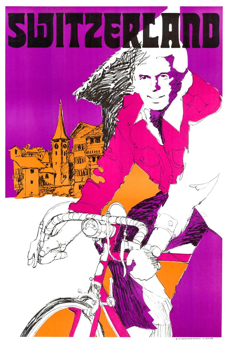 Unknown Portrait Print - Original Switzerland Bicycle travel poster - neon pop art, linen backed, unique