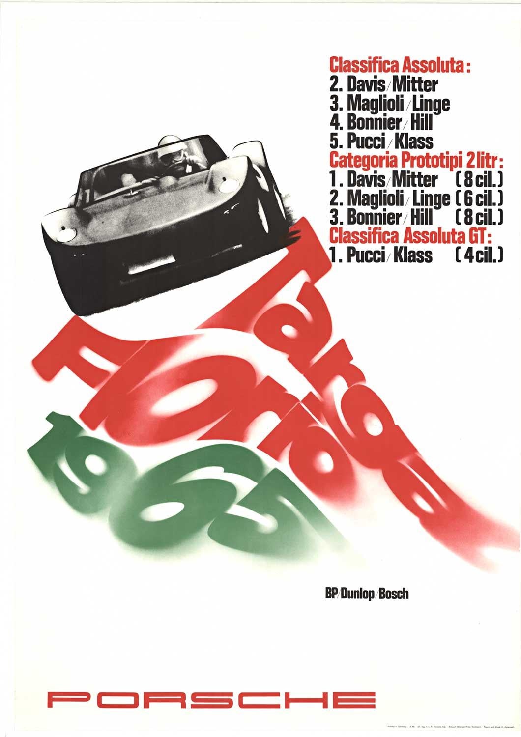 Original Targa Florio 1965 Porsche factory vintage poster, linen backed