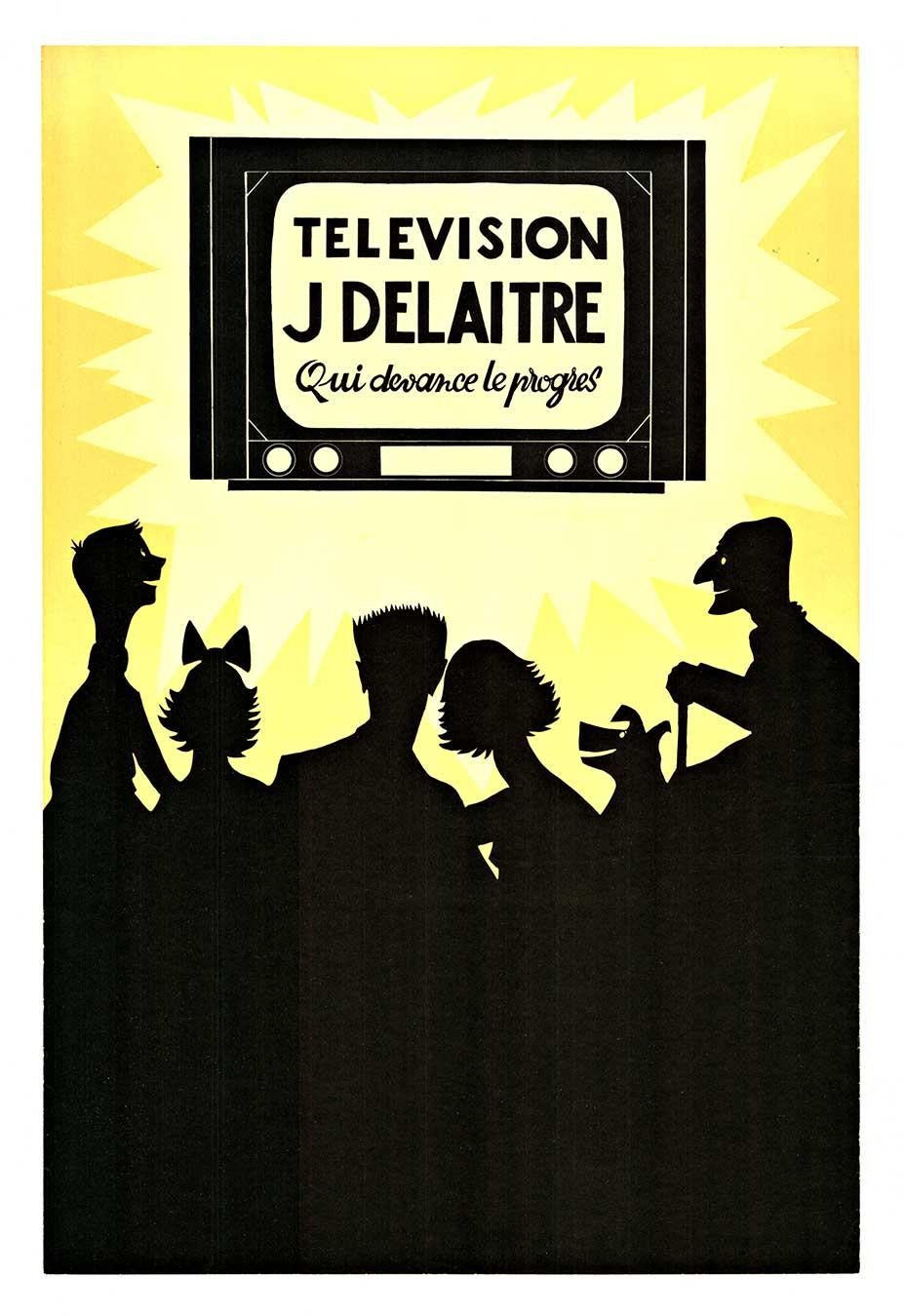 Cartel francés original TELEVISIÓN J. DELAITRE vintage de mediados de siglo moderno