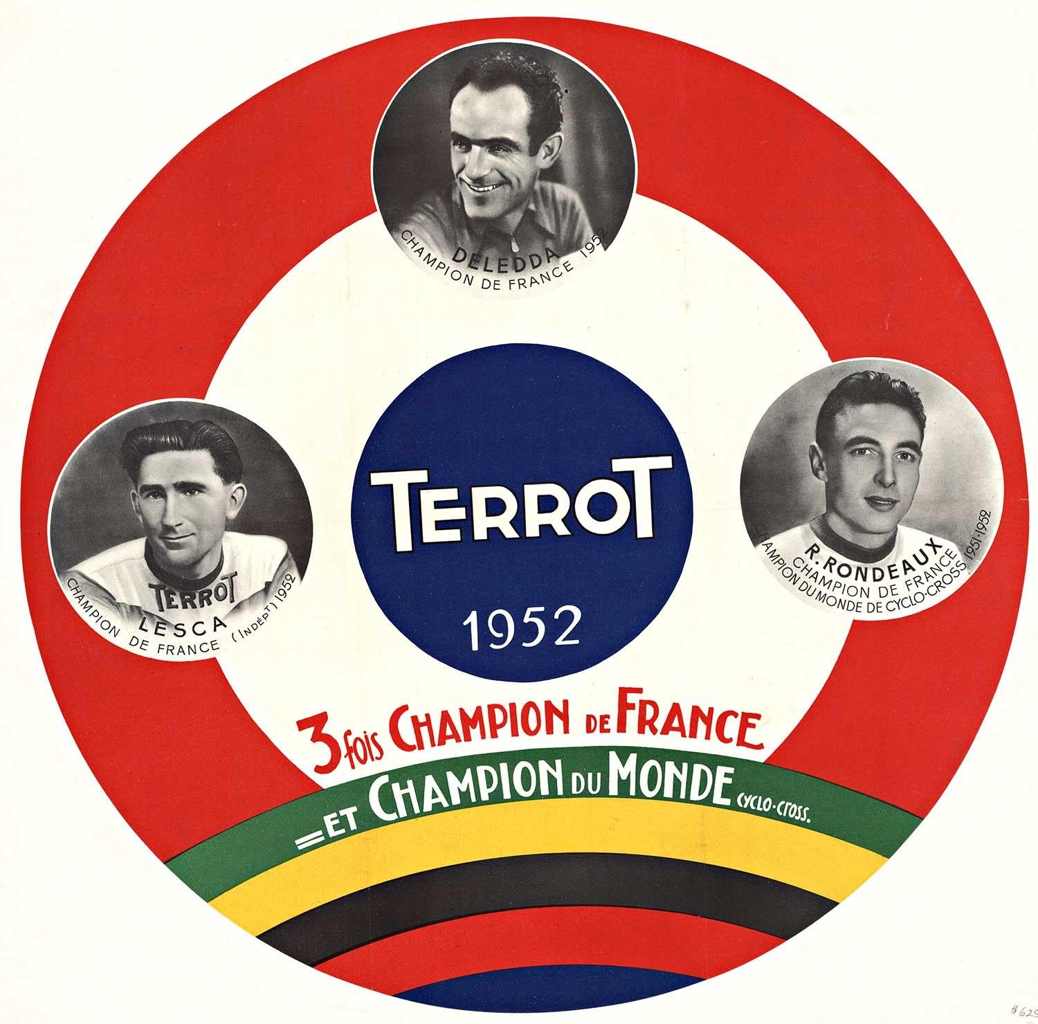 Affiche originale de course de bicyclettes vintage « Terrot, 1952, 3 fois Champion de France »