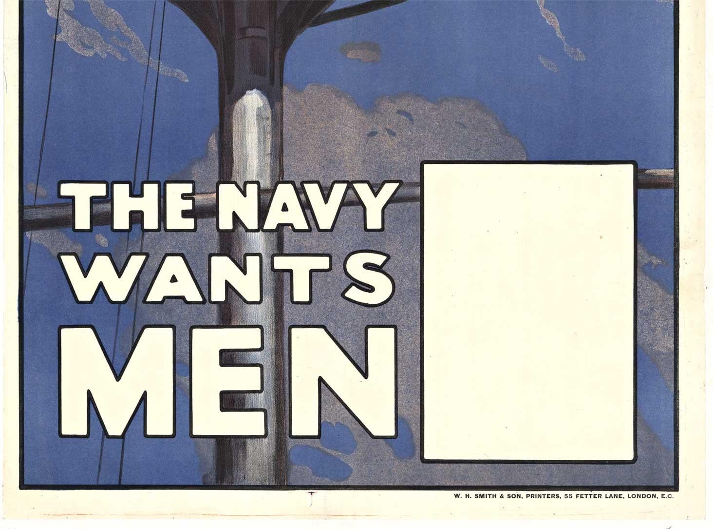 Originalplakat „The Navy Wants Men“ aus dem Jahr 1917  Britisch und kanadisch (Grau), Print, von Unknown