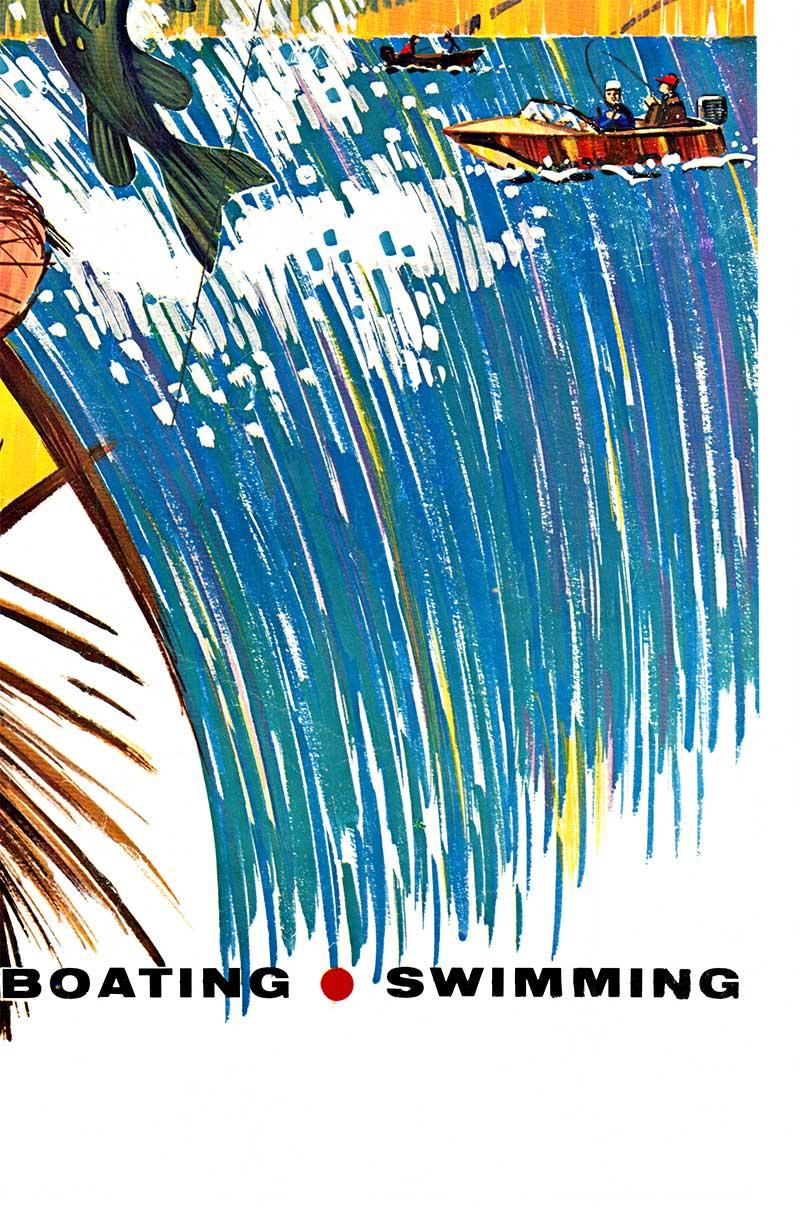 Original The New Great Lakes in South Dakota vintage Reise- und Sportplakat.   Förderung von Angeln, Camping, Bootfahren und Schwimmen.   Mit Leinen hinterlegt und rahmenfertig.   Obwohl es auf den Bildern schwer zu erkennen ist, wurde das Plakat
