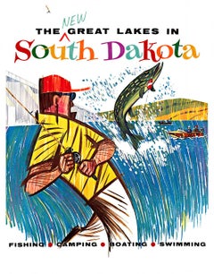 Poster vintage originale dei Nuovi Grandi Laghi in South Dakota per viaggi e sport