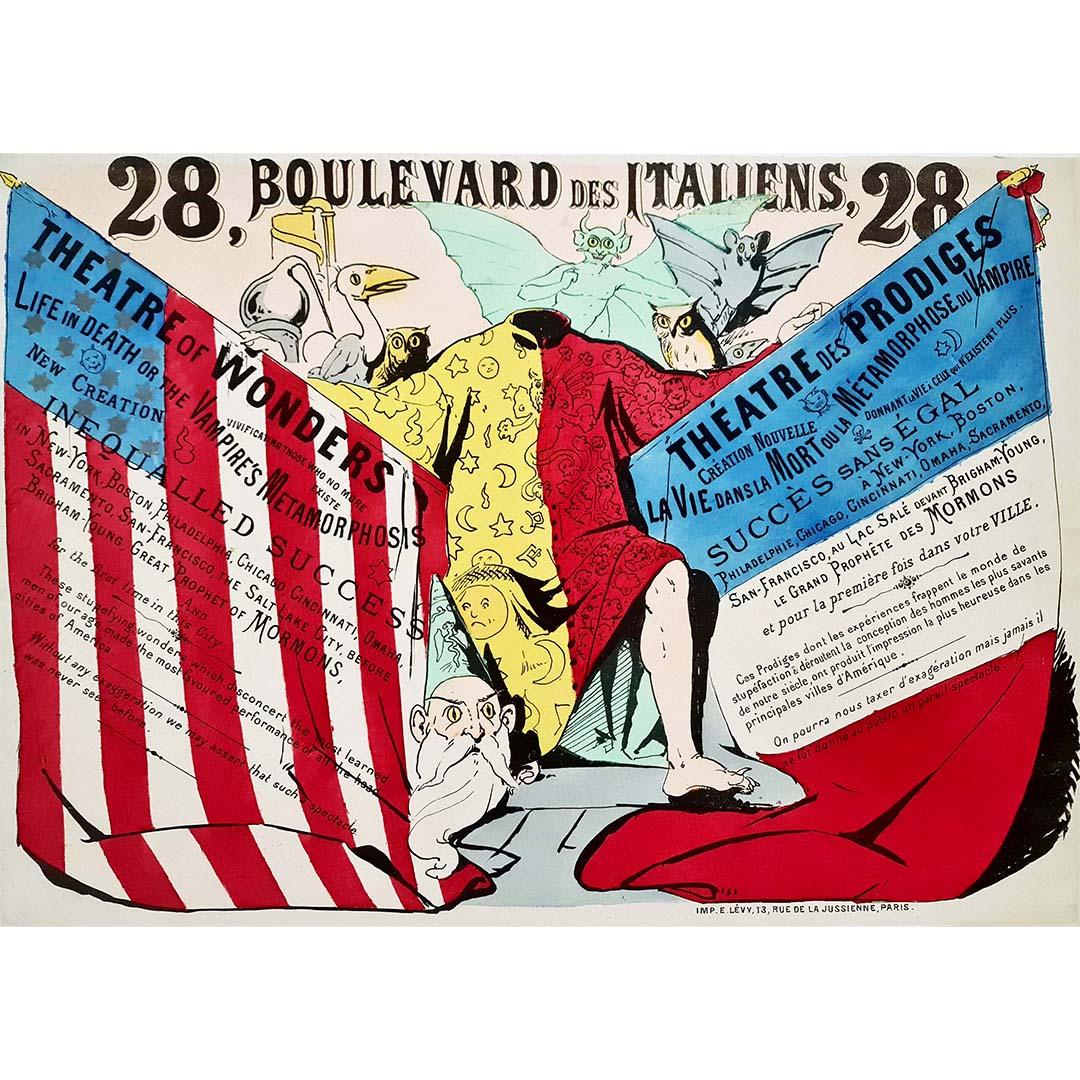 Schönes Plakat aus den 1900er Jahren für das Théâtre des prodiges am Boulevard des Italiens 28 und das Stück La vie dans la mort ou la métamorphose du vampire.

Show - Theater - Fantastisch

Theater der Wunder - Leben im Tod oder Metamorphose des