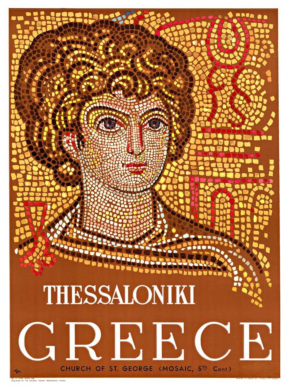 Cartel de viaje de época original de Tesalónica, Grecia  Mosaico de la Iglesia de San Jorge
