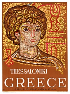 Cartel de viaje de época original de Tesalónica, Grecia  Mosaico de la Iglesia de San Jorge