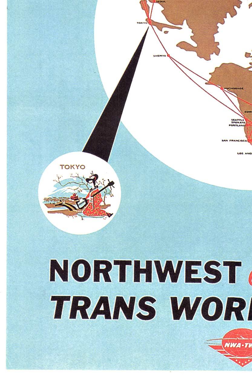 Originales Vintage-Reiseplakat „Trans World Airlines Northwest Orient Airlines“ (Blau), Figurative Print, von Unknown