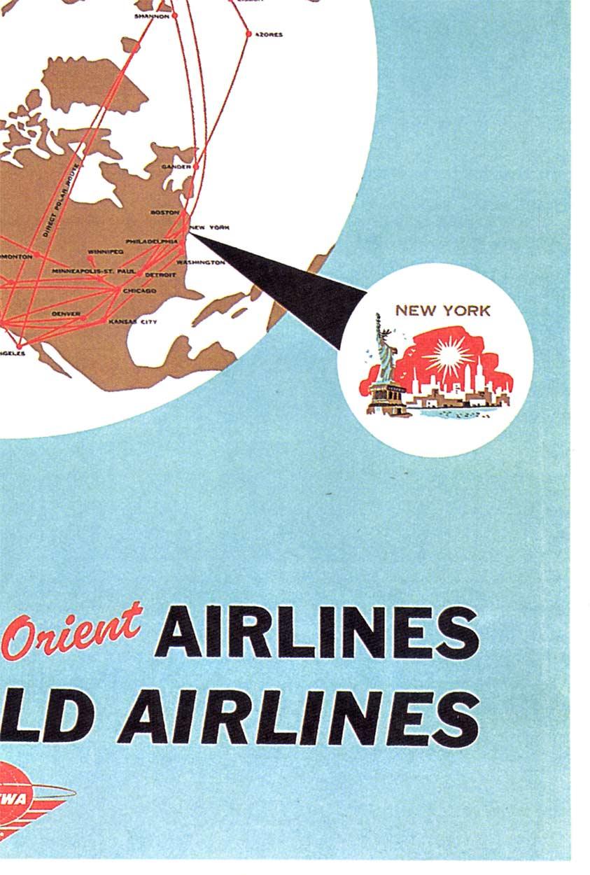 Original-Poster:  NORTHWEST ORIENT AIRLINES, TRANS WORLD AIRLINES Poster.   Ausgezeichneter Zustand, mit Leinen hinterlegt, rahmenfertig.
