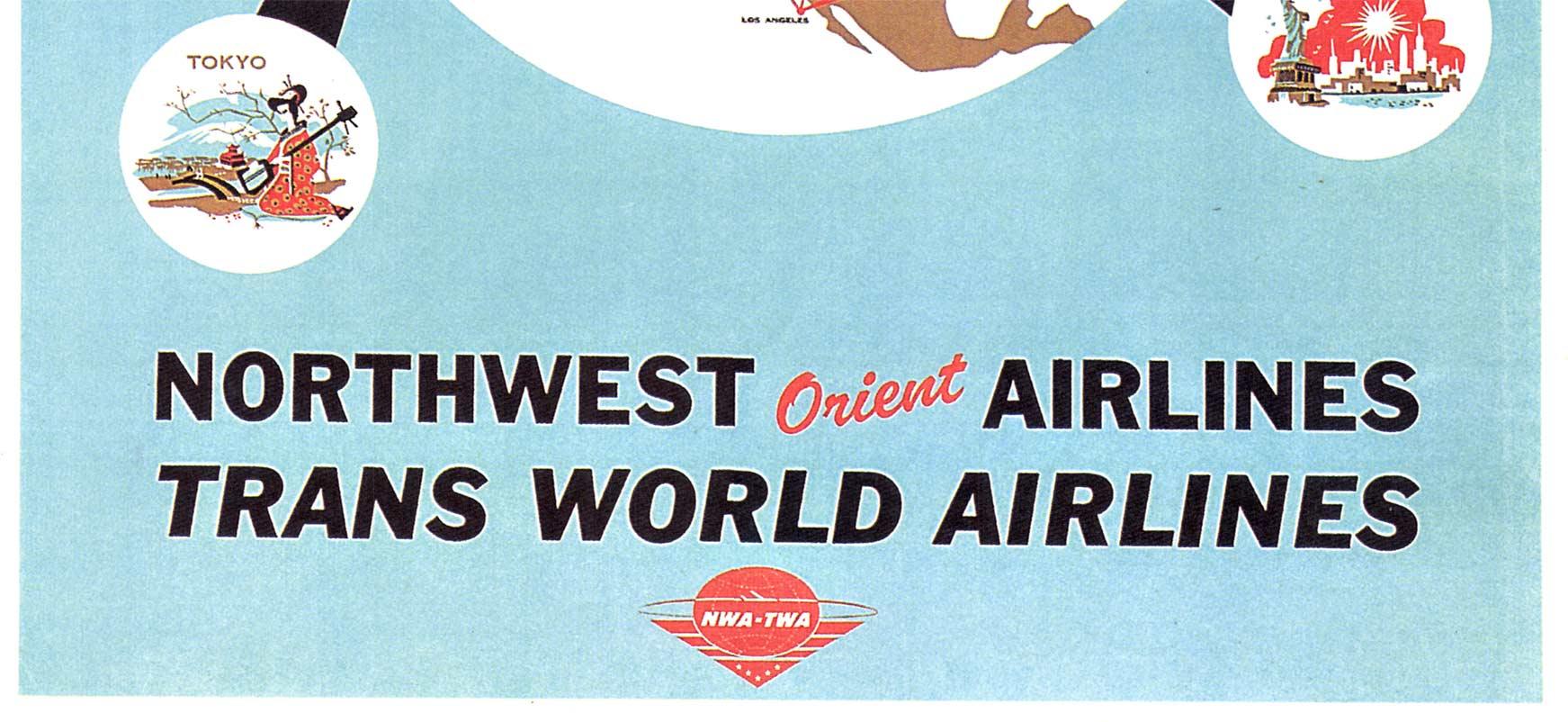 Original 'Trans World Airlines Northwest Orient Airlines' vintage travel poster - Blue Figurative Print by Unknown