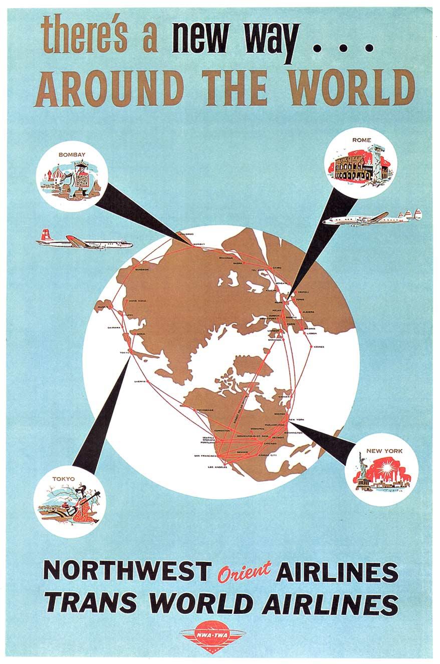 Affiche de voyage originale "Trans World Airlines Northwest Orient Airlines"
