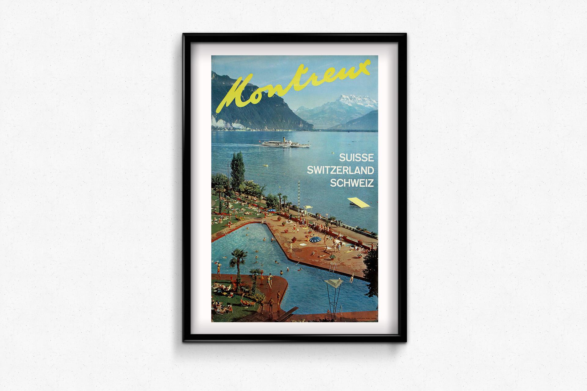 This vibrant original travel poster from the 1960s captures the sun-drenched leisure of Montreux, the iconic Swiss Riviera town nestled between the Alps and the shores of Lake Geneva. Designed as part of the Swiss National Tourist Office’s postwar