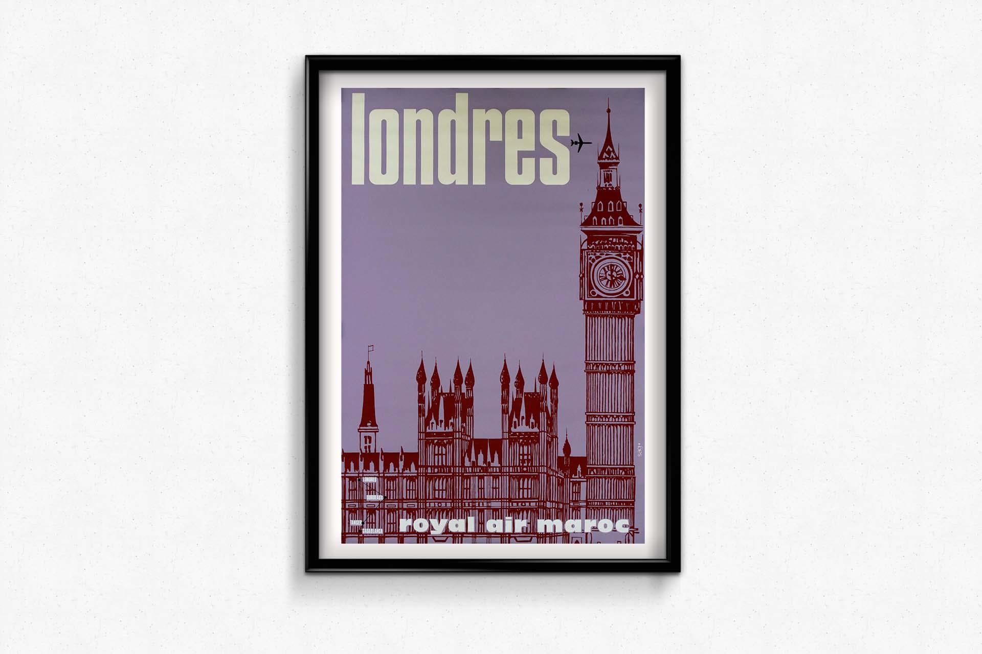 Original travel poster promoting London by Royal Air Maroc embodies the spirit of adventure and the allure of international travel. With its captivating design and vibrant imagery, the poster invites viewers to embark on a journey to the