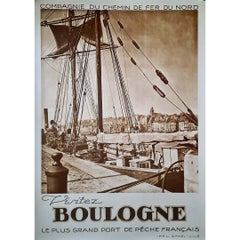 Original Reiseplakat - Besuchen Sie Boulogne, den größten französischen Fischereihafen