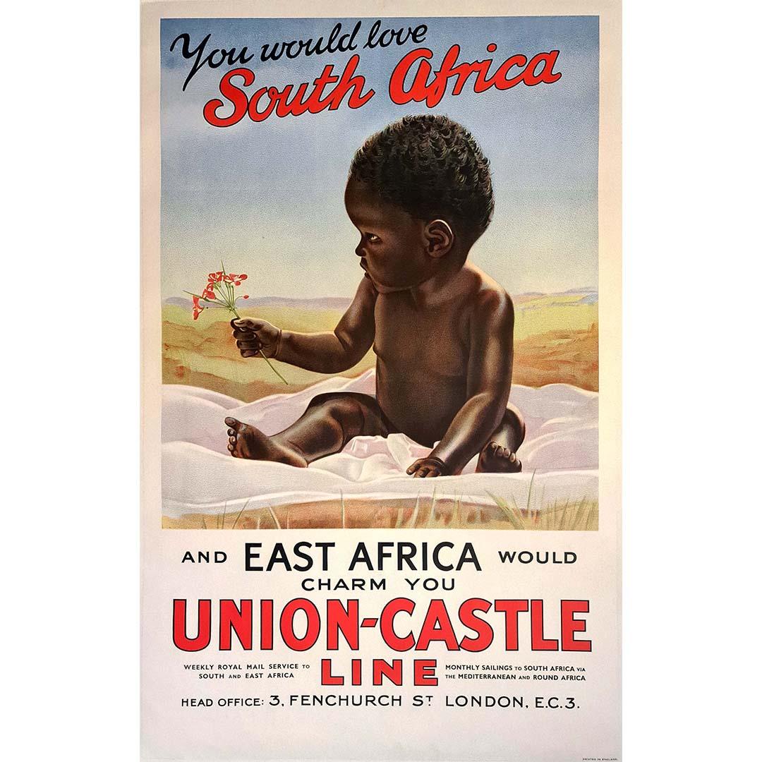 Original Union-Castle-Kreuzfahrtplakat: Sie werden Südafrika lieben und Ostafrika wird Sie bezaubern - Wöchentlicher Royal Mail Service nach Süd- und Ostafrika - monatliche Überfahrten nach Südafrika über das Mittelmeer und um Afrika