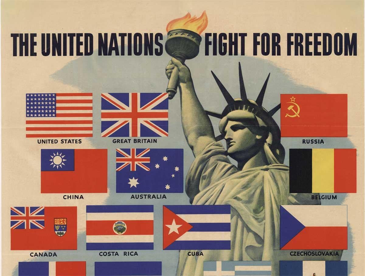 Original United Nations Fight for Freedom Vintage-Plakat mit Leinenrückseite (Amerikanischer Realismus), Print, von Unknown