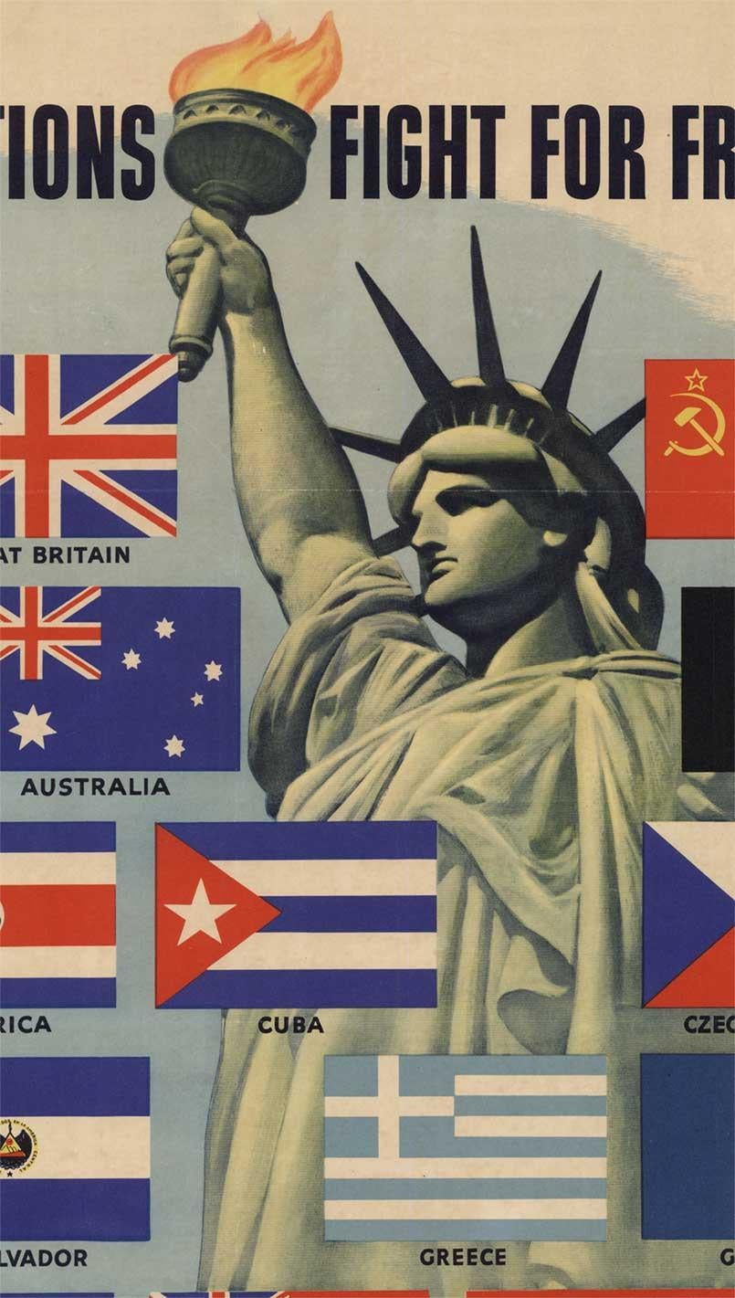 Original United Nations Fight for Freedom Vintage-Plakat mit Leinenrückseite (Beige), Print, von Unknown