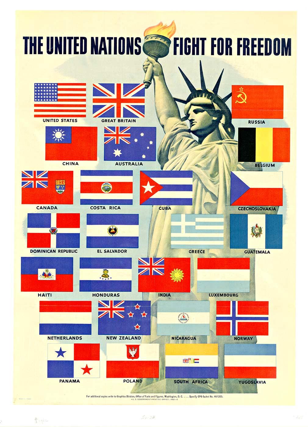 Original United Nations Fight for Freedom vintage linen backed poster