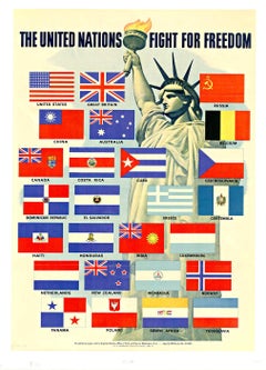 Cartel original de las Naciones Unidas de la Lucha por la Libertad con reverso de lino de época