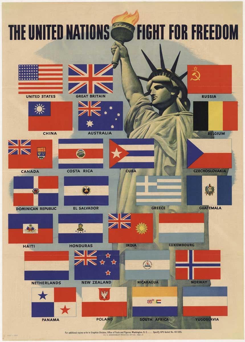 Original United Nations Fight for Freedom vintage linen backed poster