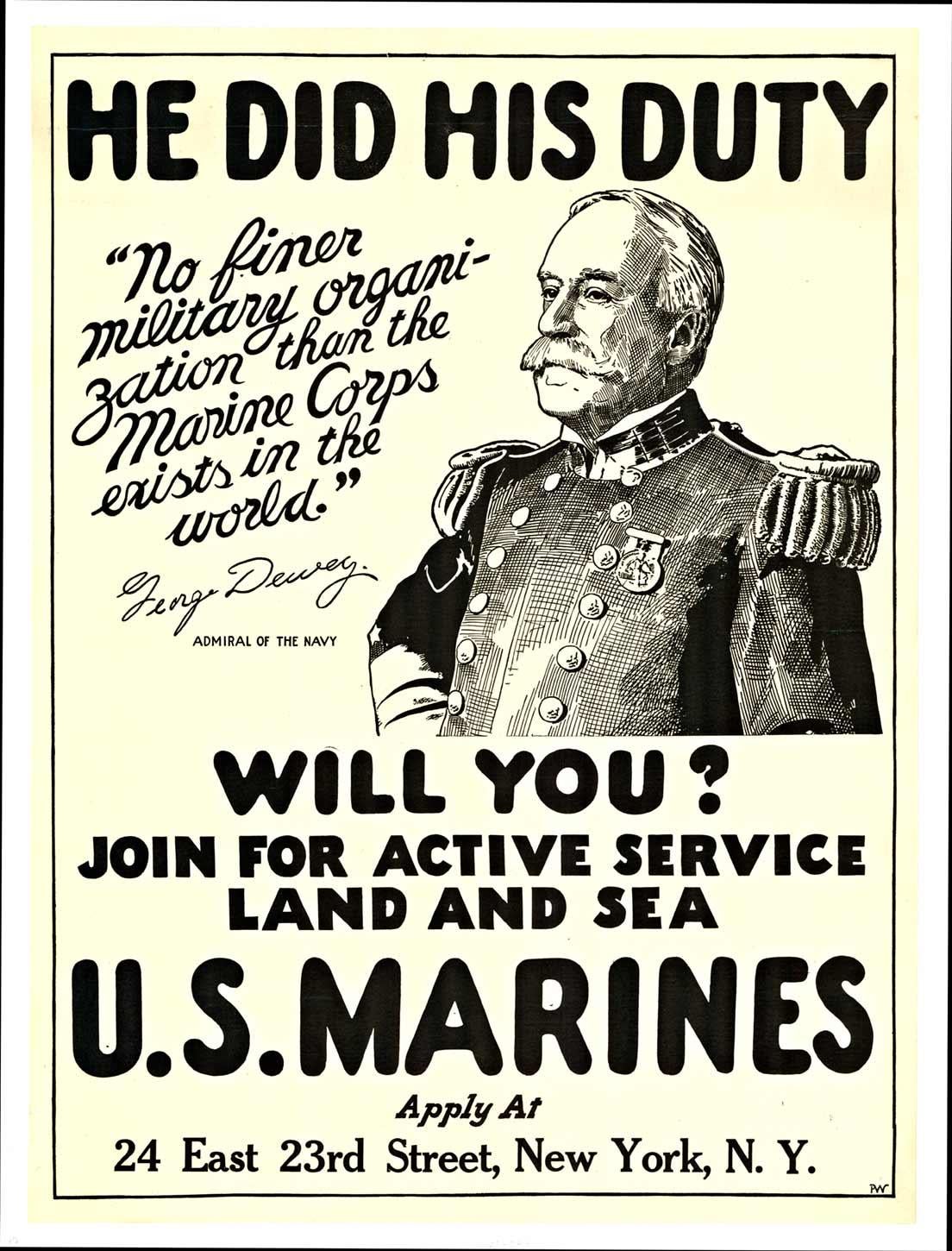 Affiche originale des Marines américains, Il a fait son devoir, George Dewey, dos lin vintage