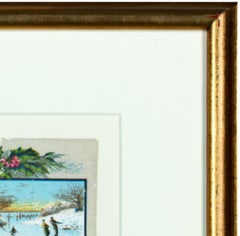 Biglietto originale vittoriano con composizione floreale e scena di pattinaggio sul ghiaccio