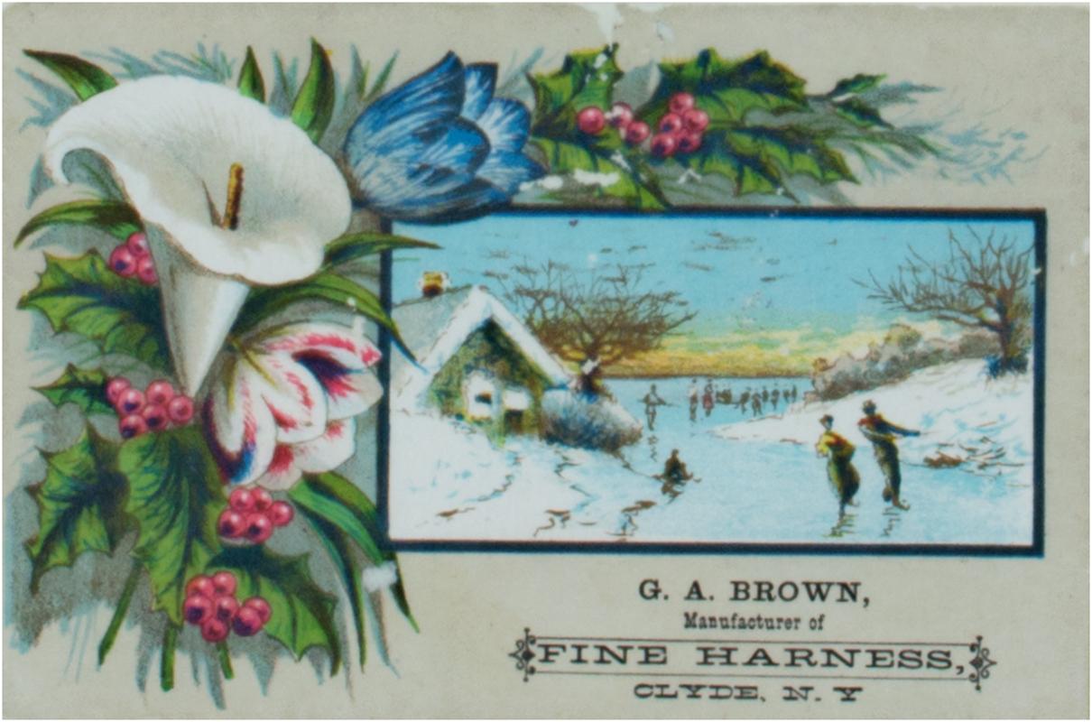 Viktorianische Karte aus der viktorianischen Zeit mit Blumenarrangement und Eisskifahrenszene (Romantik), Print, von Unknown