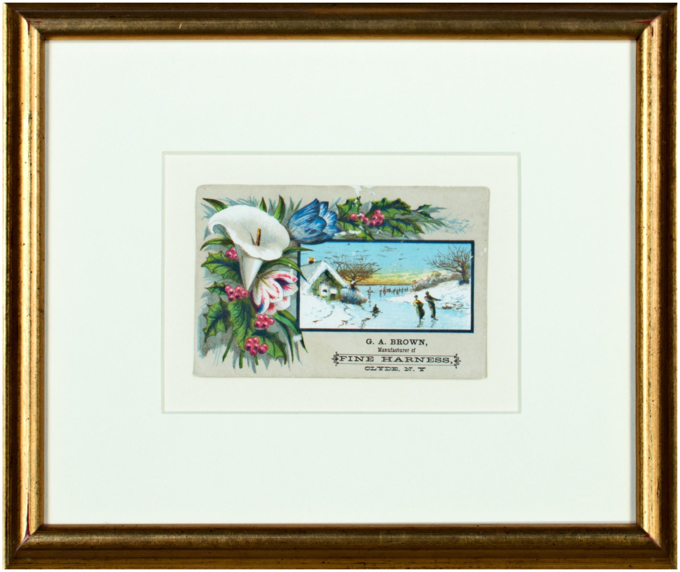 Original Victorian card with flower arrangement and ice skating scene