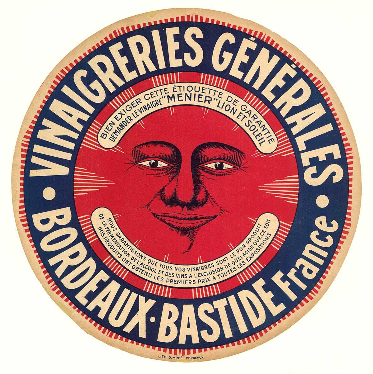 Cartel original de vinagre de época Vinaigreries Generals Bordeaux Bastide, redondo