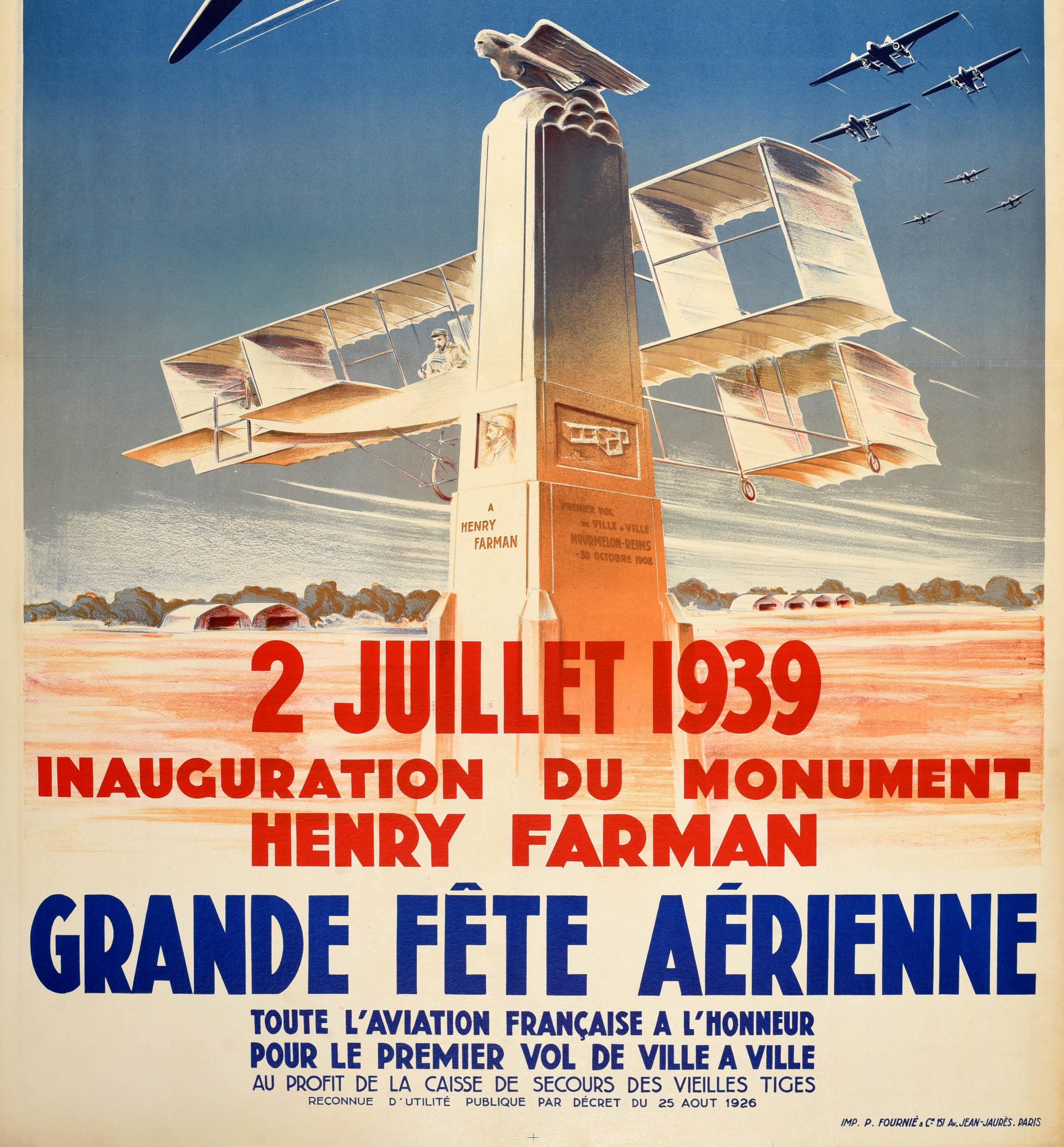 Poster pubblicitario originale d'epoca - Le Grand 2 Juillet 1939 Inauguration du Monument Henry Farman Grande Fete Aerienne Toute l'Aviation Francaise a la Honneur pour le Premier Vol de Ville a Villeau profit de la caisse de secours des vieilles