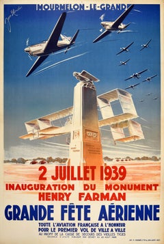 Affiche publicitaire vintage d'origine Henry Farman, Festival de l'aviation, Art déco