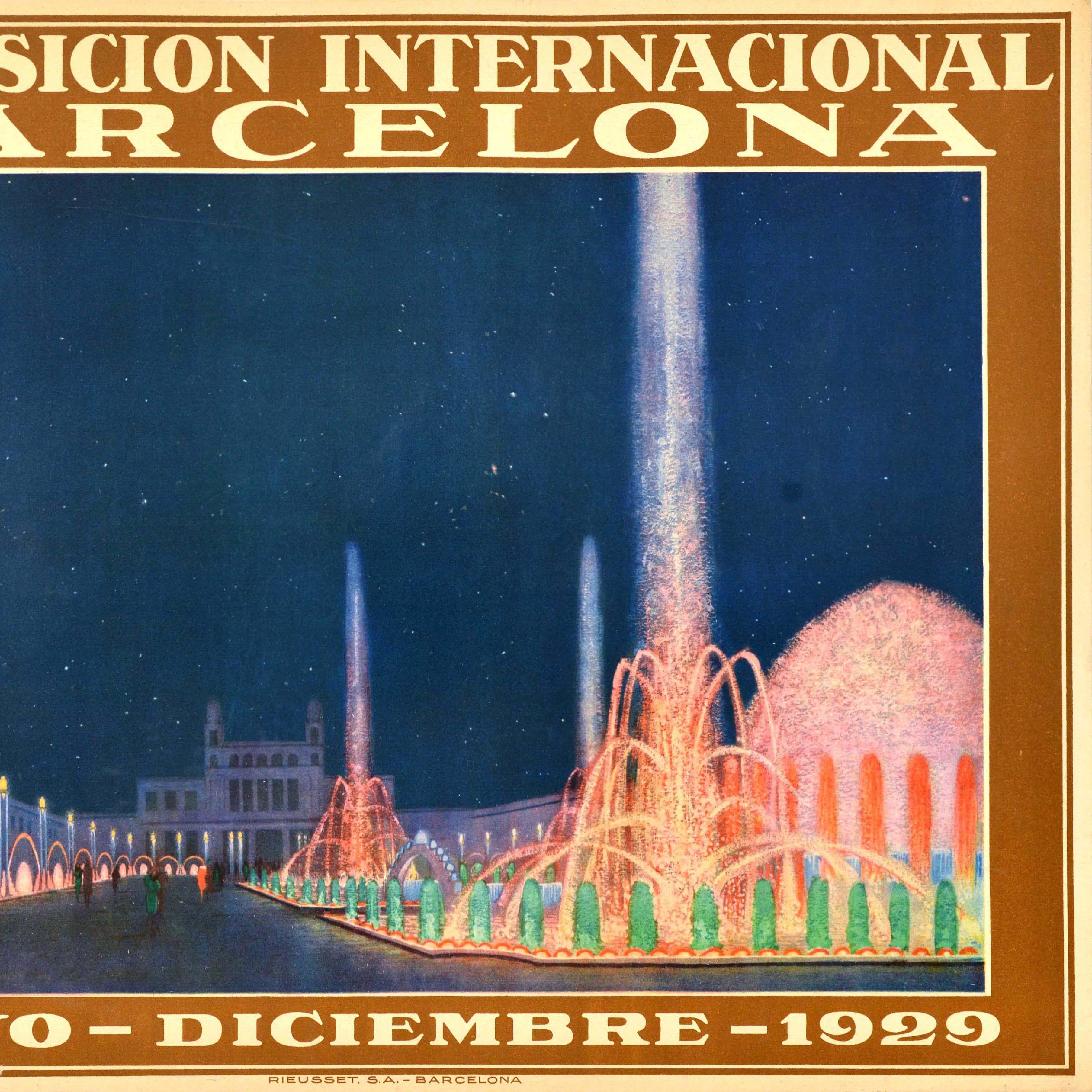 Original vintage advertising poster for the Exposicion Internacional Barcelona International Exposition held from 20 May 1929 to 15 January 1930 featuring an illustration of people walking along the colourful Magic Fountain and water display powered