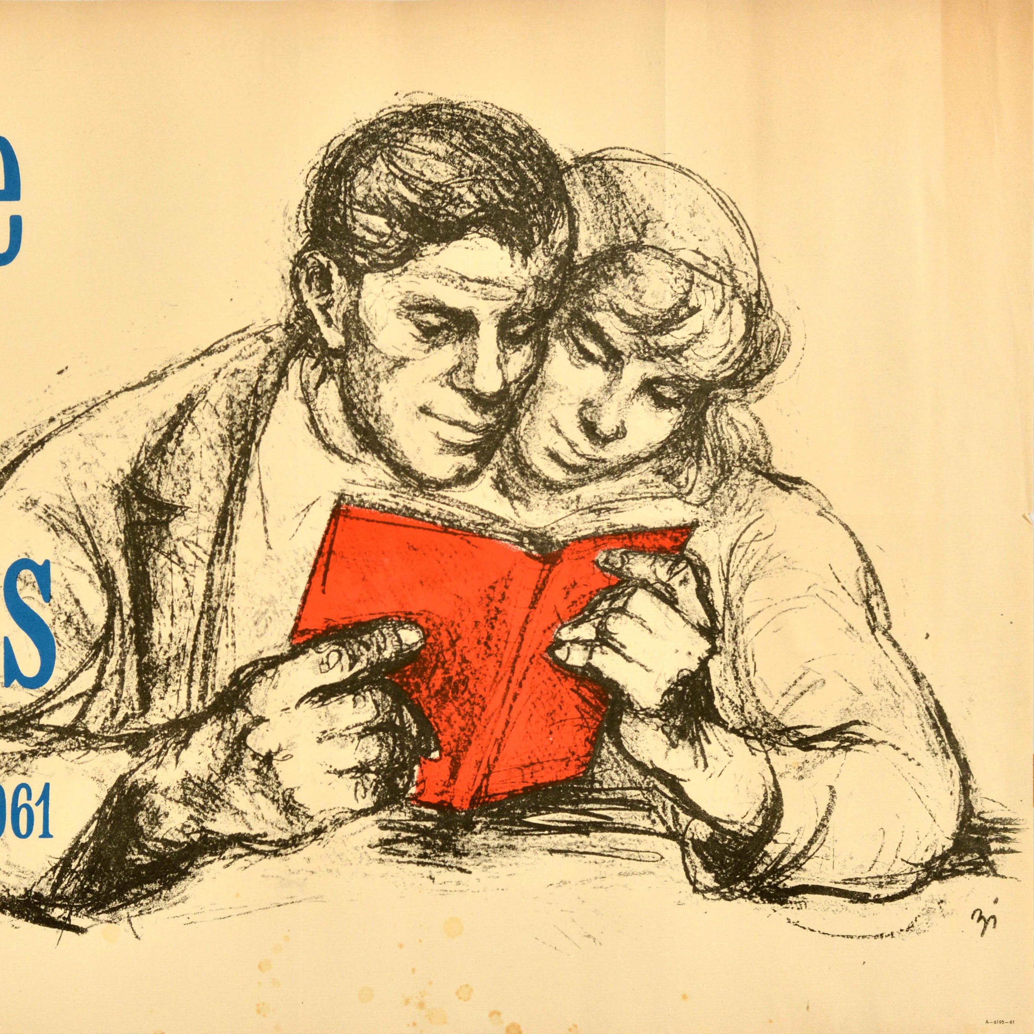 Cartel publicitario original de época una Woche des Buches / Semana del Libro celebrada del 23 al 29 de octubre de 1961 con una ilustración de una pareja leyendo un libro con el texto en el lateral; un sello y una dirección en el reverso -