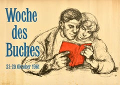 Cartel Publicitario Original Vintage Semana del Libro Woche Des Buches Lectura Alemania