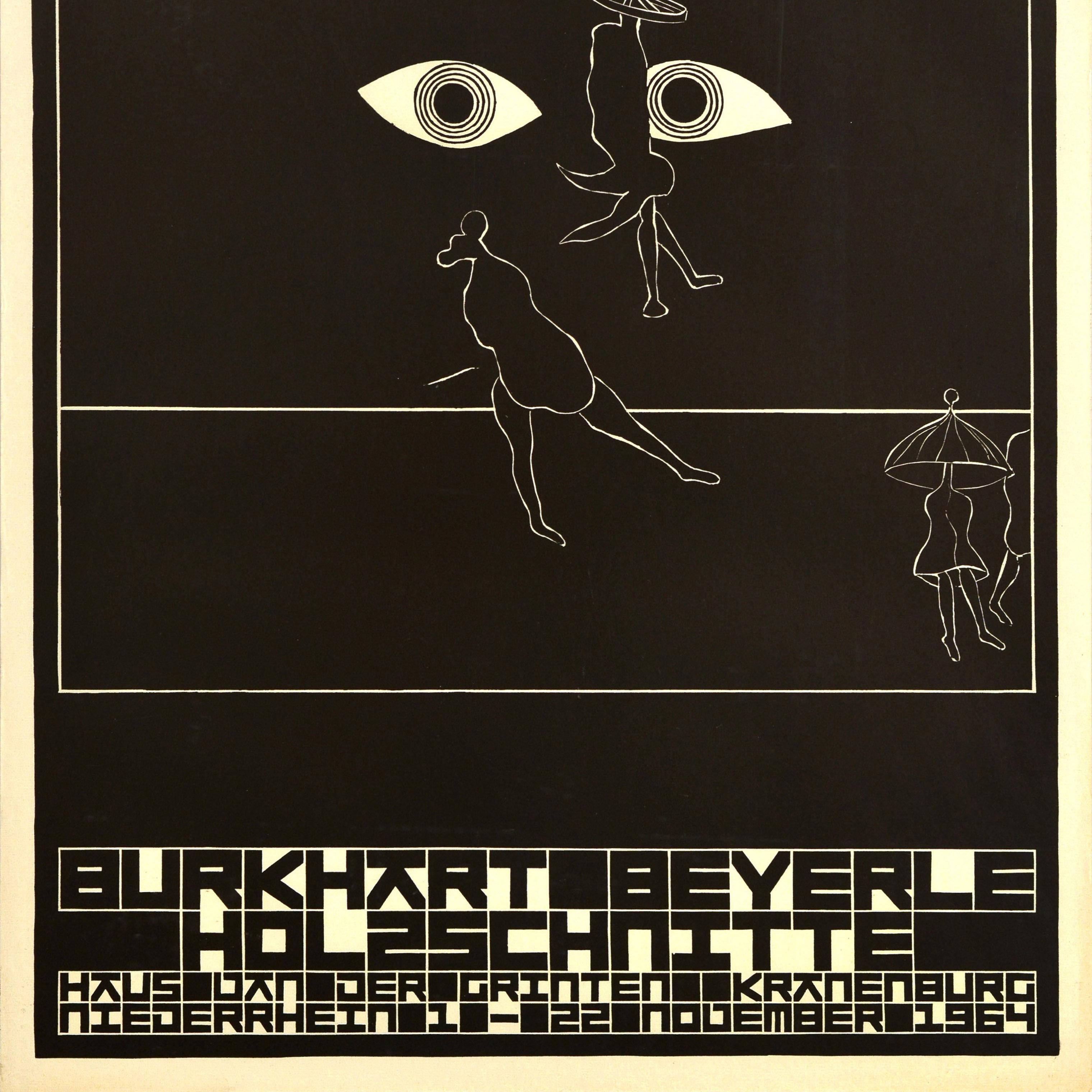 Manifesto pubblicitario originale d'epoca - mostra Burkhart Beyerle Holzschnitte / Woodcuts House van der Grinten Kranenburg Niederrhein dal 1 al 22 novembre 1964. Grande design per una mostra di opere dell'artista tedesco Burkhart Beyerle