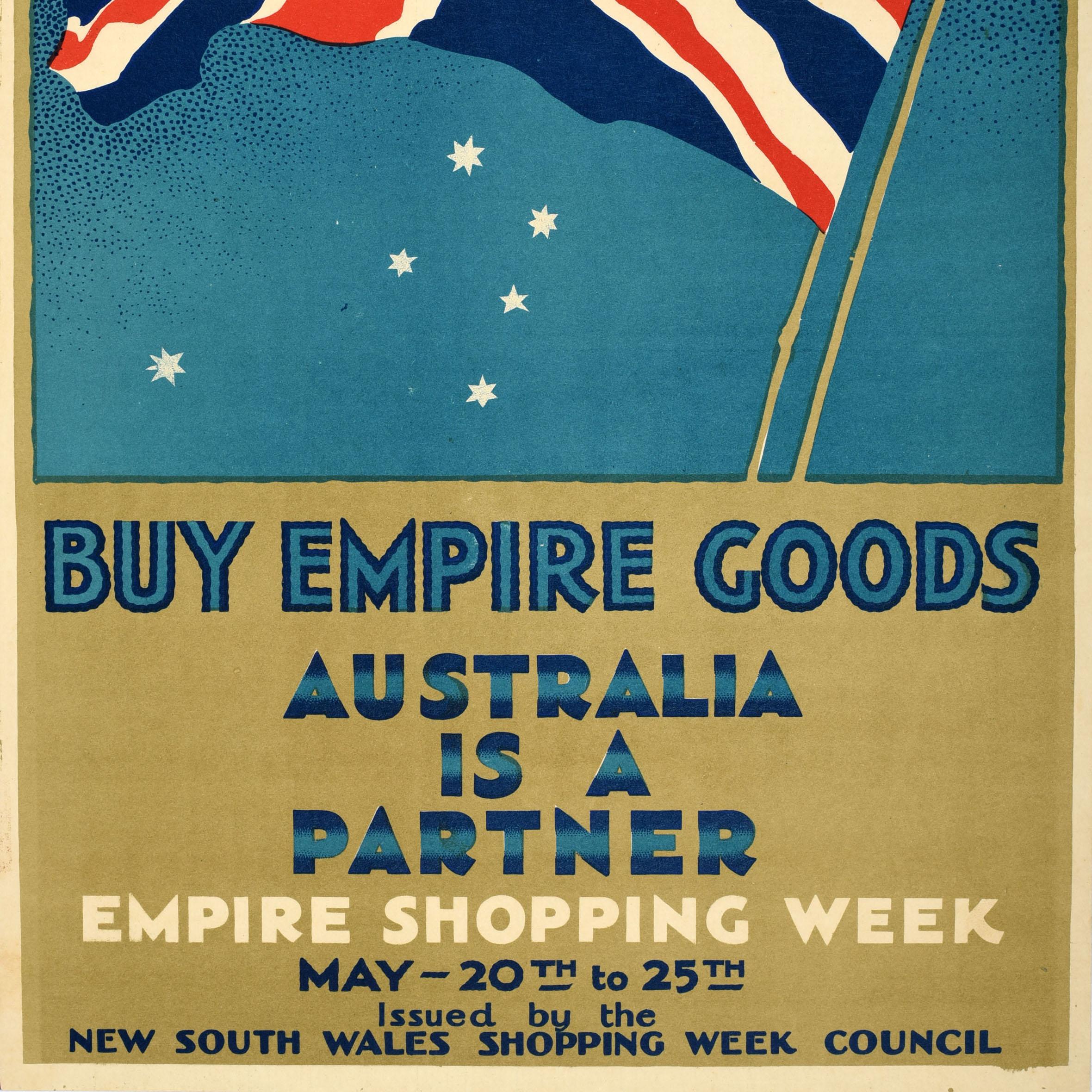 Original Vintage-Werbeplakat - Buy Empire Goods Australia is a Partner Empire Shopping Week 20 to 25 May, herausgegeben vom New South Wales Shopping Week Council - mit einer Illustration der Flagge des Union Jack, die vor einem weißen
