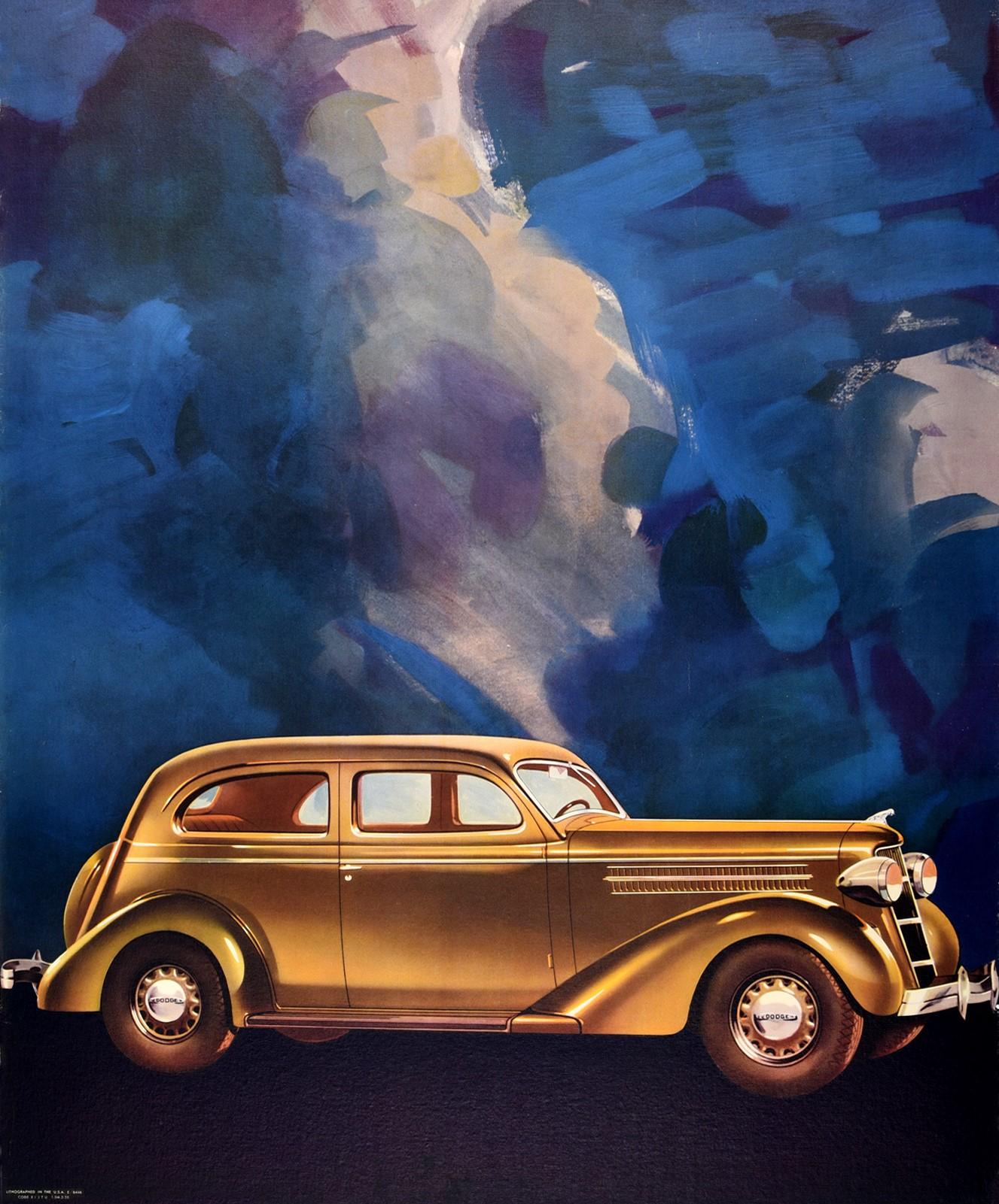 Cartel publicitario original de época para Dodge con un impresionante diseño que muestra un reluciente y elegante coche clásico Art Decó delante de un espectacular fondo azul sombreado. Fundada en 1900, Dodge es una marca de automóviles