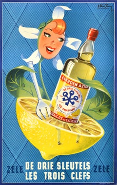 Original Vintage Advertising Poster Drie Sleutels Les Trois Clefs Lemon Vinegar