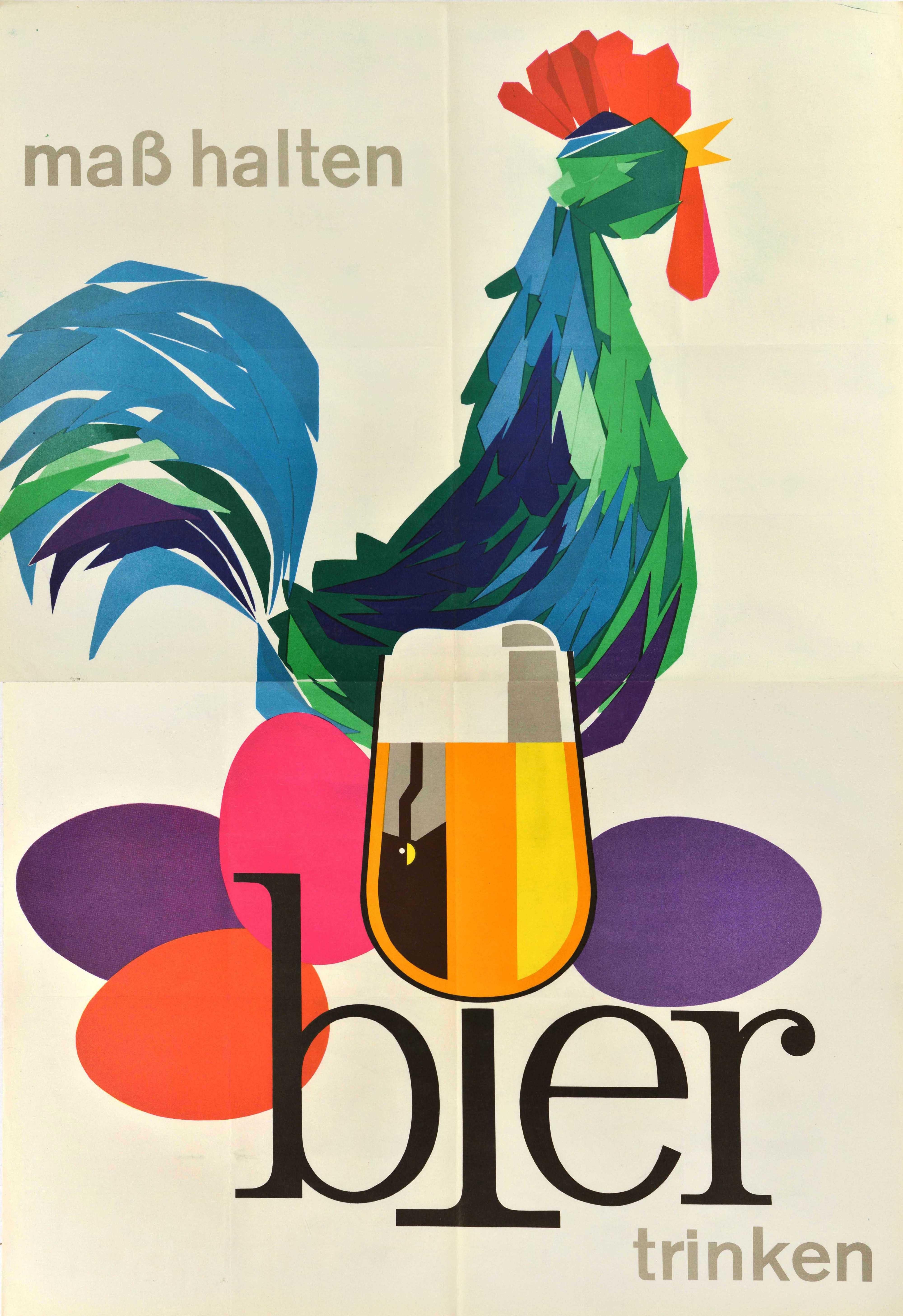 Print di Unknown - Poster pubblicitario originale d'epoca Bevi birra con moderazione Cockerel Bier Alcohol
